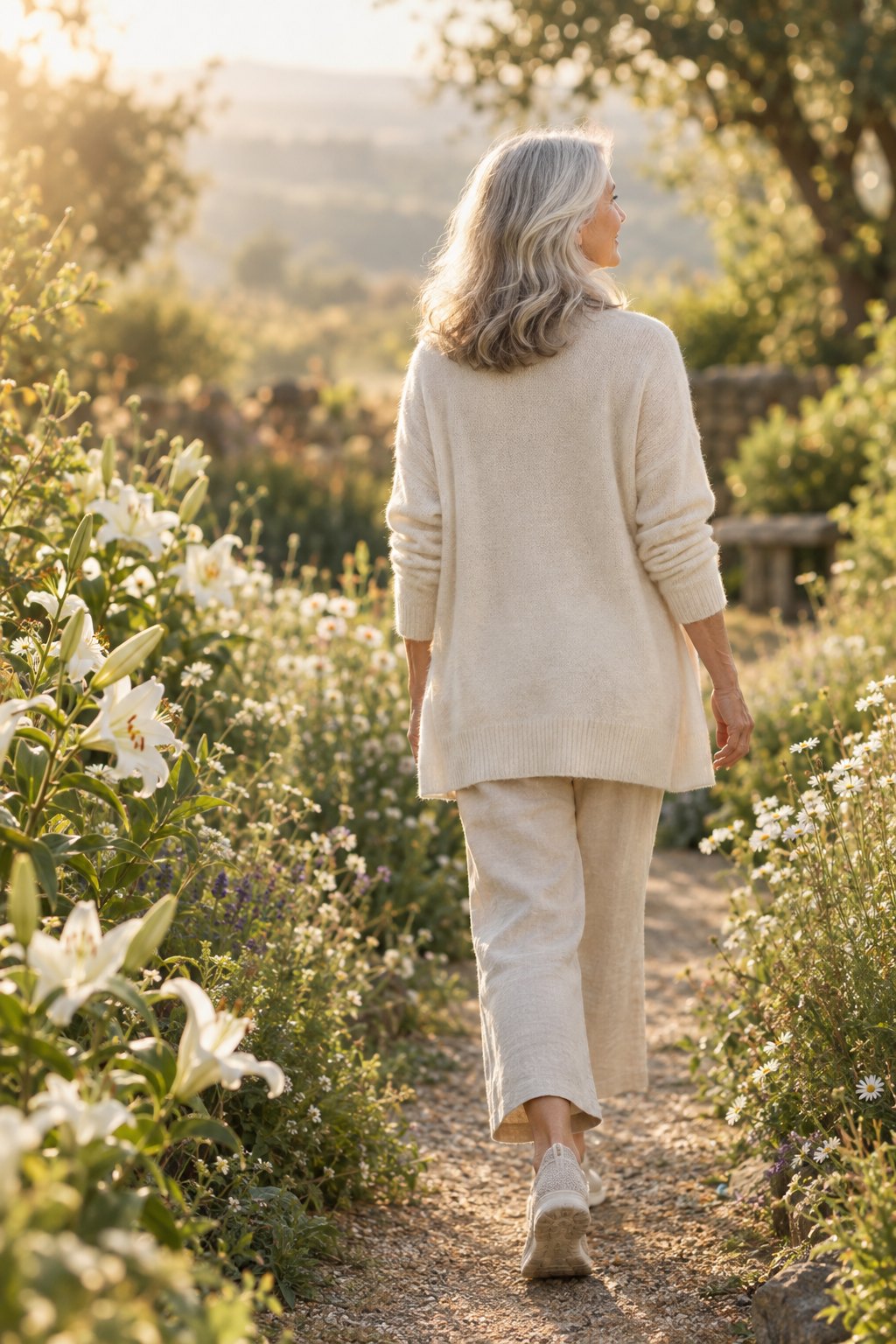 A woman walking along a sunlit garden path in the morning